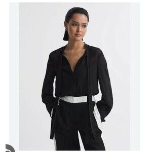 Reiss Arina tie neck Sheer Shoulders Double Cuff blouse size 4 Black